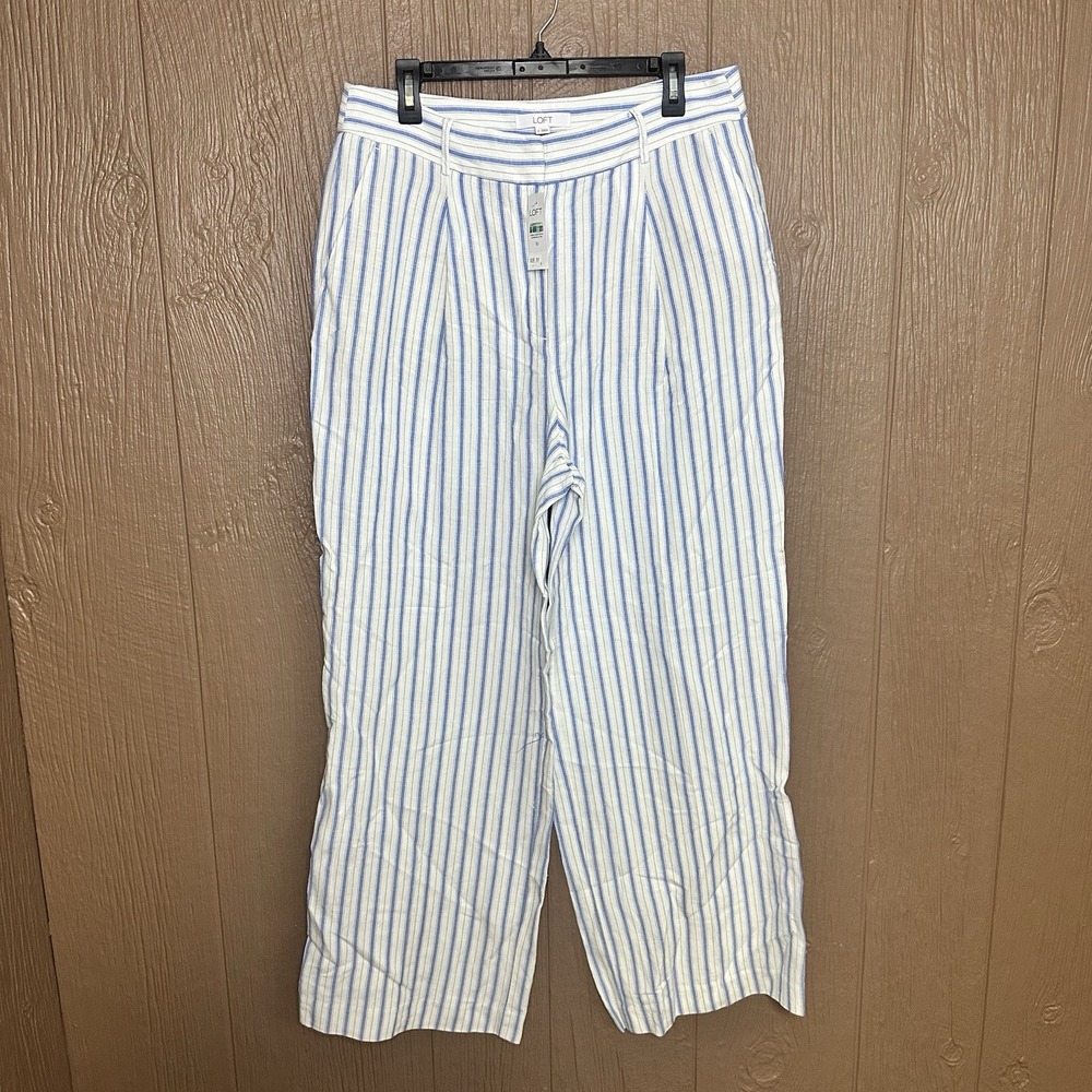NWT LOFT Womens 10 Blue White Striped‎ Linen Blend Casual Pants Wide Leg Pockets